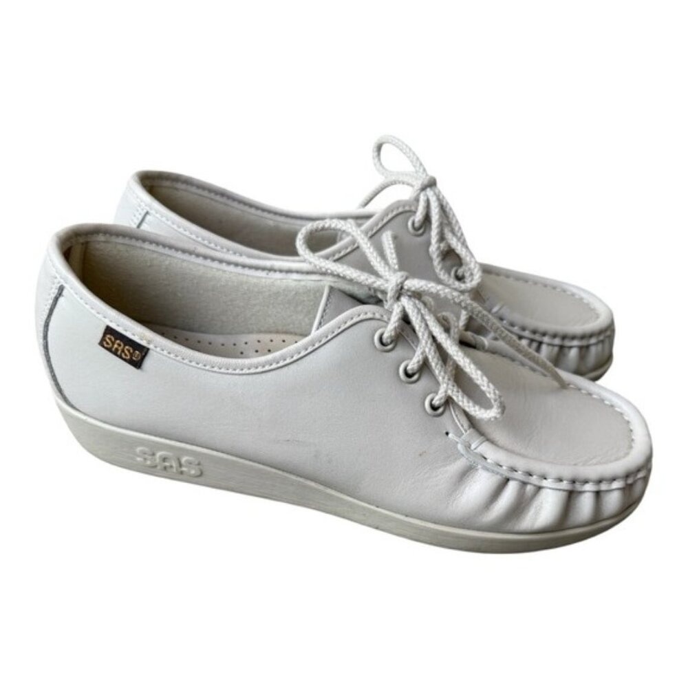SAS Siesta Lace Up Genuine Leather Loafer Bone Women Size 7.5 Wide Hand Sewn